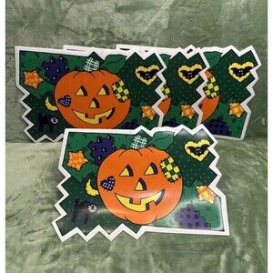 VTG Set of 4 Vinyl Halloween Placemat CSC Jack O Lantern Patchwork Bat Black Cat